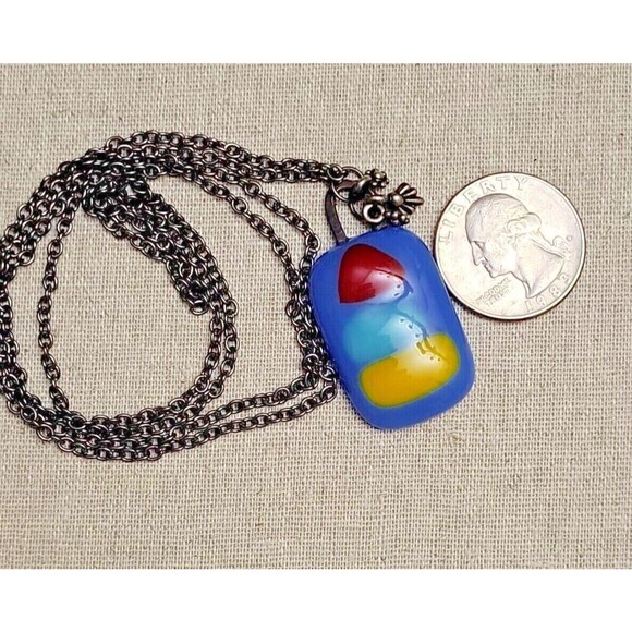 Modernist Modern Art Glass Pendant Charm Necklace Eclectic 30" Gunmetal Chain - Picture 8 of 8